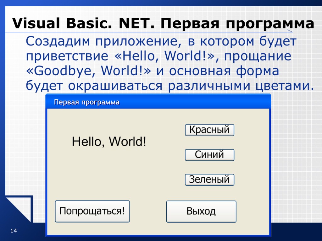 14 Visual Basic. NET. Первая программа Создадим приложение, в котором будет приветствие «Hello, World!»,